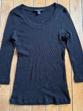 Banana Republic 100% Merino Wool Black Ribbed Sweater Scoop Neck 3/4 Sleeves M